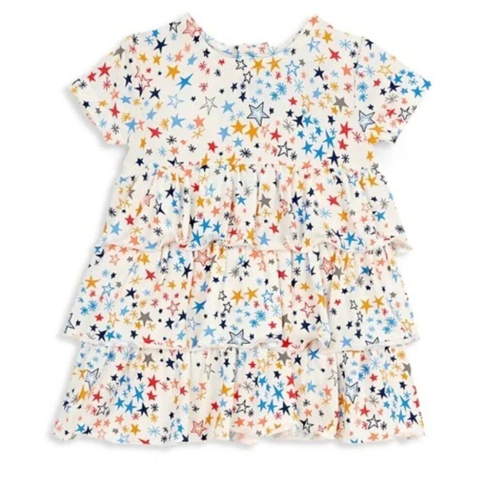 Magnetic Me Starry Print Dress - White, Blue, Orange tiers ruffles size 18-24 m